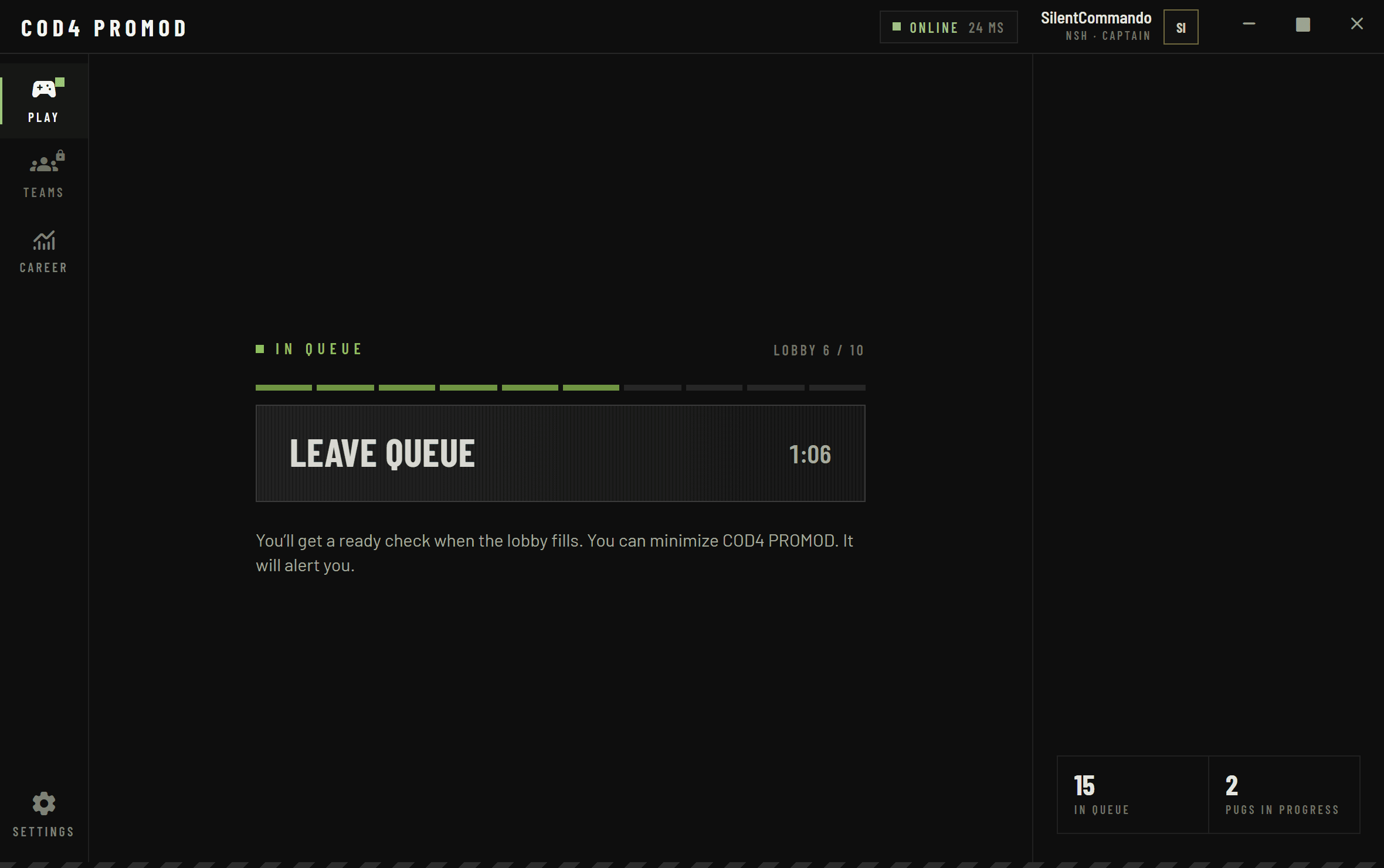 PromodFlex launcher Play tab in the PUG queue