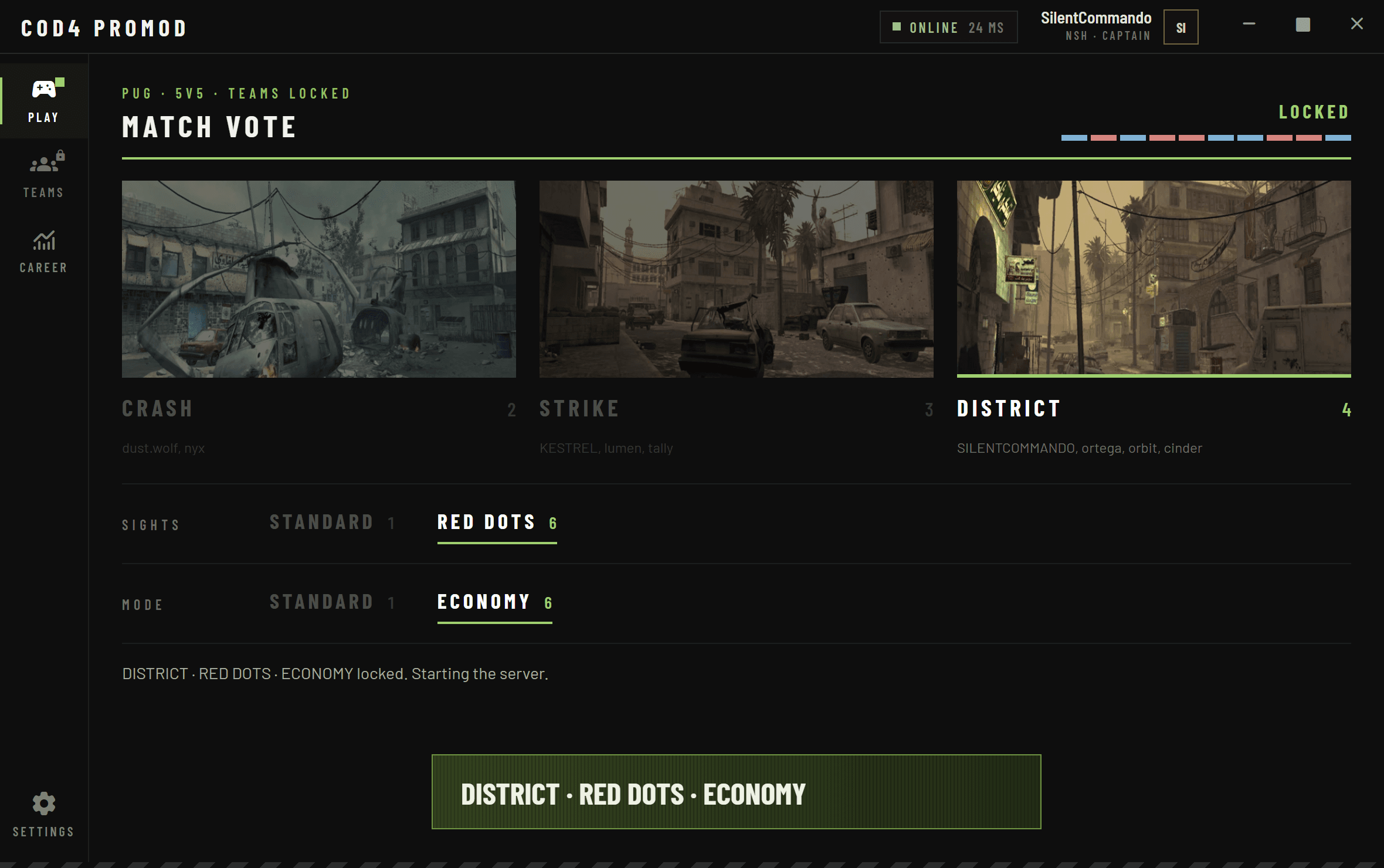 PromodFlex launcher match vote locked on District with red dots and economy
