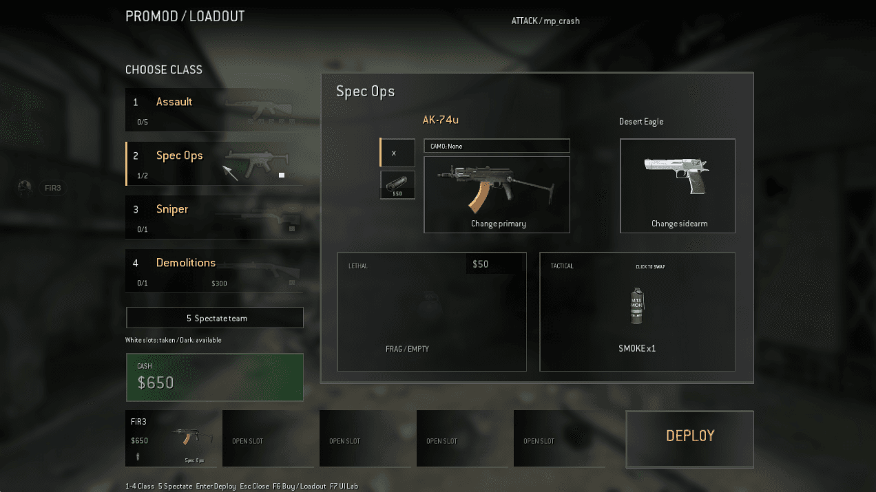 PromodFlex loadout on Crash with Spec Ops selected, an AK-74u, Desert Eagle, Smoke and teammate equipment cards