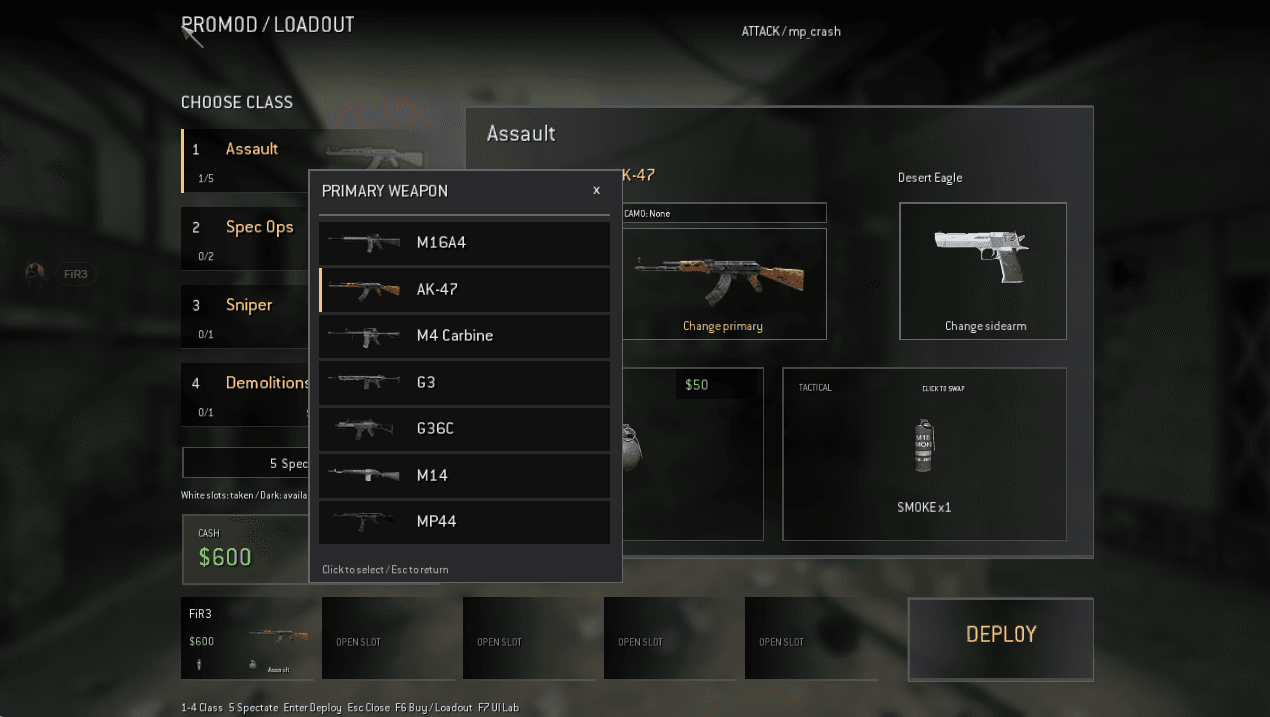 PromodFlex Assault primary weapon picker showing seven rifles with the AK-47 selected
